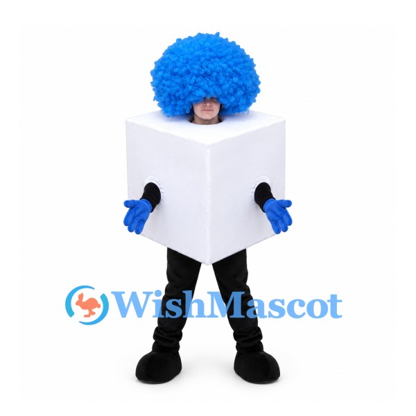 Cube Character Mascot Costume with Blue Curly Hair