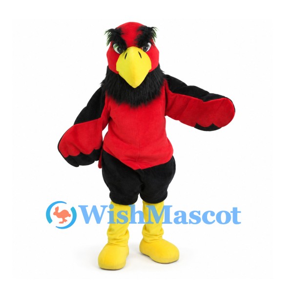 Cardinal Mascot Costume in Red and Black with Yellow Beak