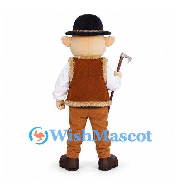 Alpine Man Mascot Costume with Black Hat and Brown Vest