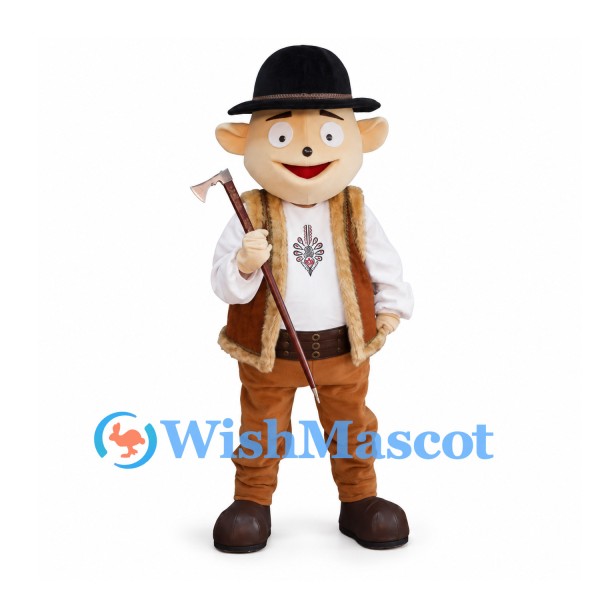 Alpine Man Mascot Costume with Black Hat and Brown Vest