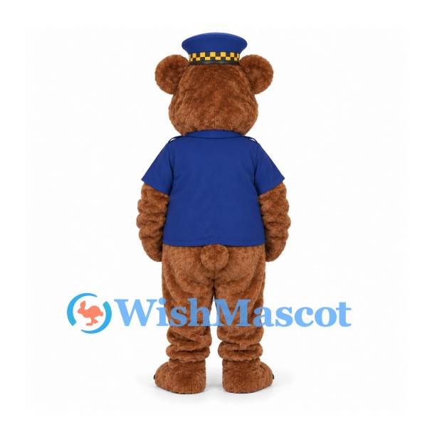 Bear Mascot Costume with Blue Uniform and Checkered Cap