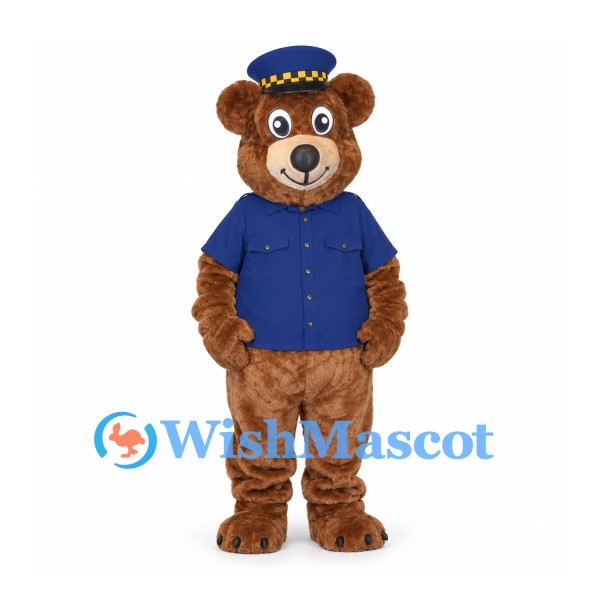 Bear Mascot Costume with Blue Uniform and Checkered Cap