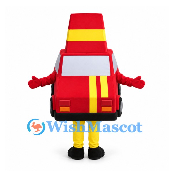 Fire Truck Mascot Costume in Red with Traffic Cone Hat