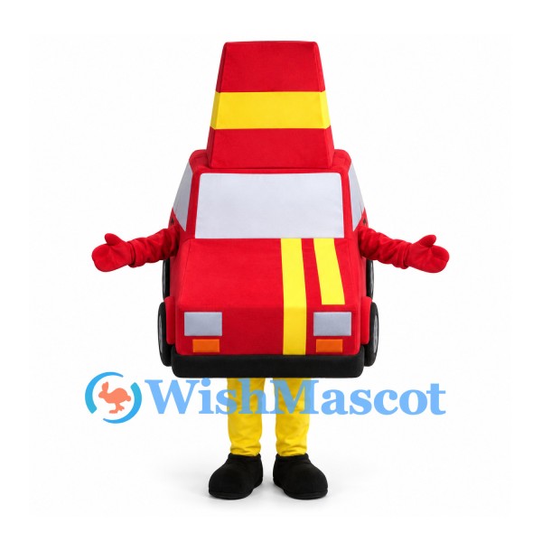 Fire Truck Mascot Costume in Red with Traffic Cone Hat
