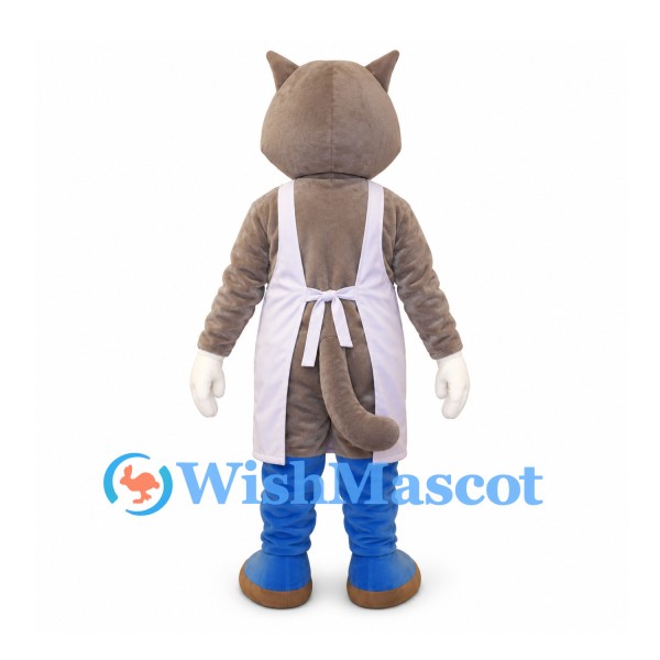 Cat Mascot Costume in Gray with White Apron and Blue Boots