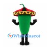 Green Chili Pepper Mascot Costume with Red and Yellow Sombrero