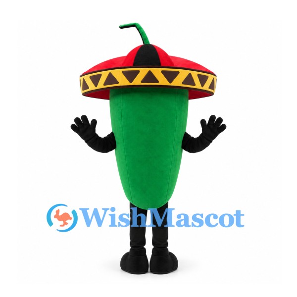 Green Chili Pepper Mascot Costume with Red and Yellow Sombrero