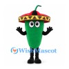 Green Chili Pepper Mascot Costume with Red and Yellow Sombrero