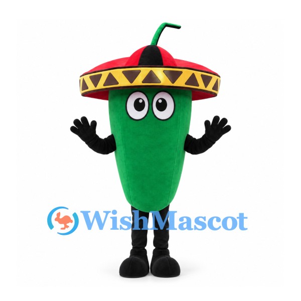 Green Chili Pepper Mascot Costume with Red and Yellow Sombrero