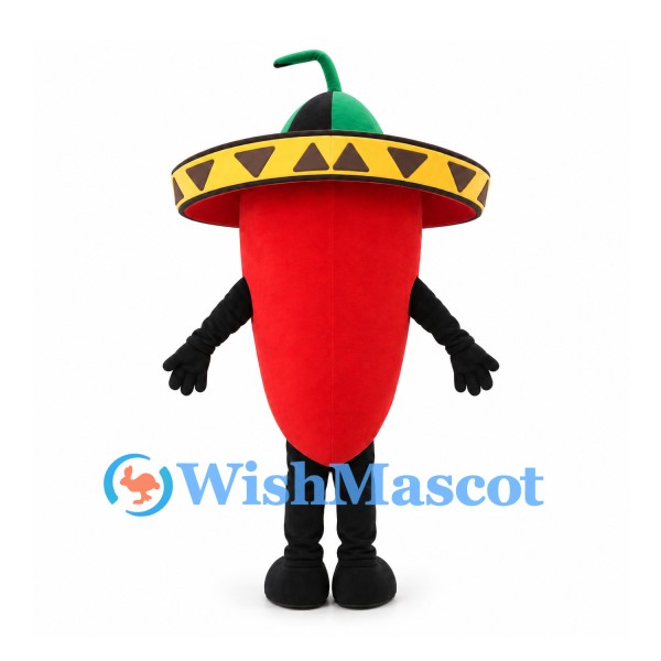Red Chili Pepper Mascot Costume with Yellow Trim Sombrero
