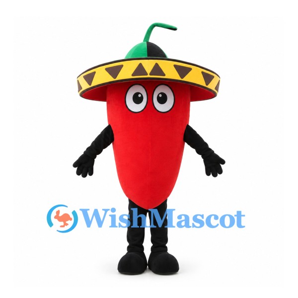 Red Chili Pepper Mascot Costume with Yellow Trim Sombrero