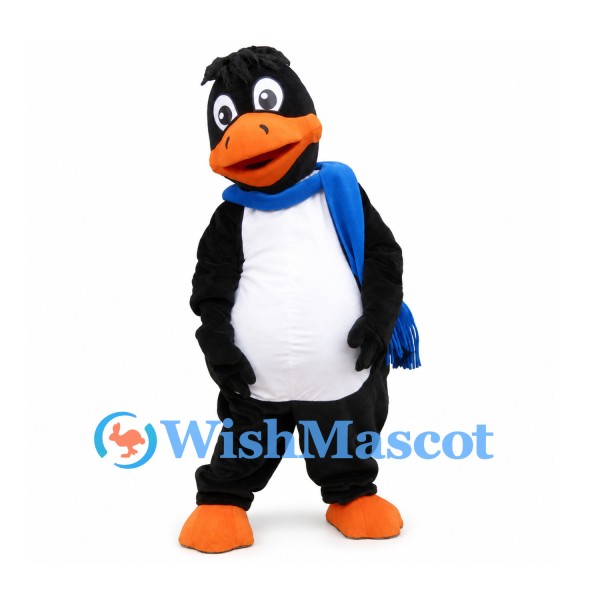 Penguin Mascot Costume with Blue Scarf and Orange Feet