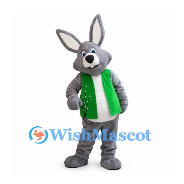 Rabbit Mascot Costume in Gray with Green Vest