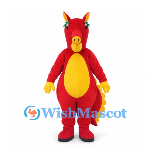 Dragon Mascot Costume in Red with Yellow Belly and Tail Spines