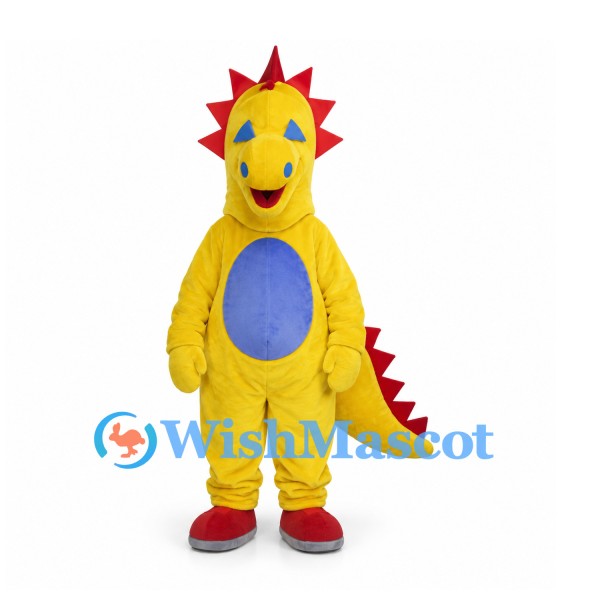Dinosaur Mascot Costume in Yellow with Red Spines and Blue Belly