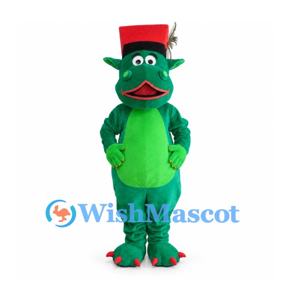 Dragon Mascot Costume in Green with Red Top Hat