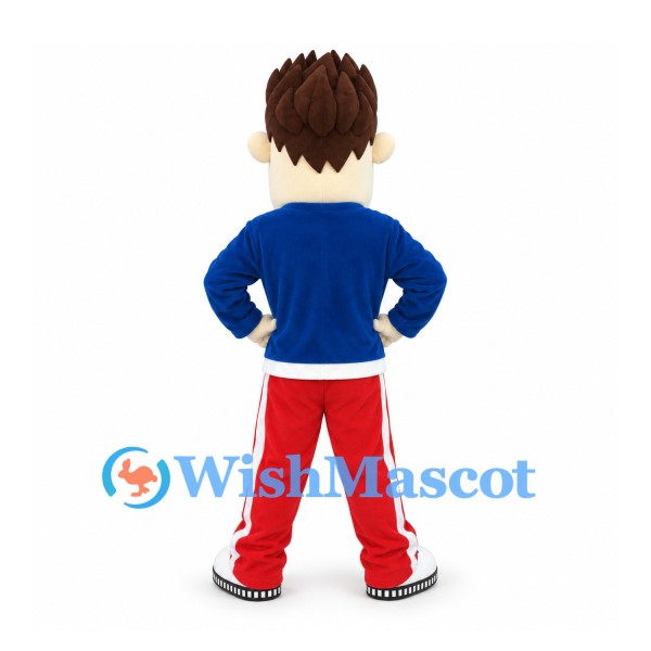 Man Mascot Costume with Blue Jacket and Red Track Pants