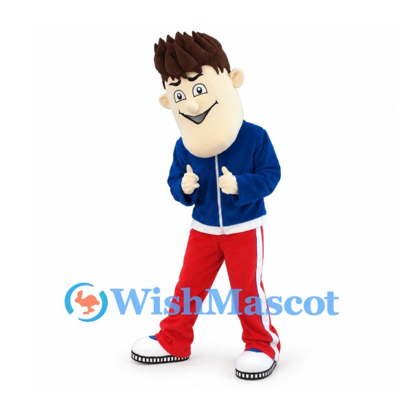 Man Mascot Costume with Blue Jacket and Red Track Pants