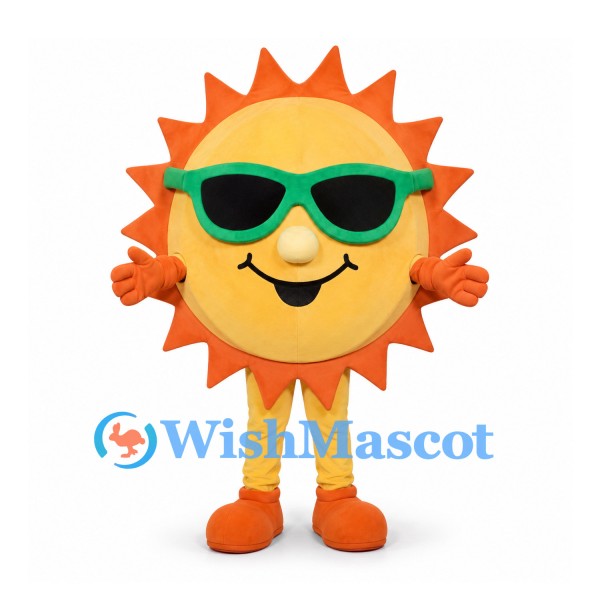 Sun Mascot Costume with Green Sunglasses and Orange Rays