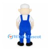 Worker Mascot Costume with White Cap and Blue Overalls