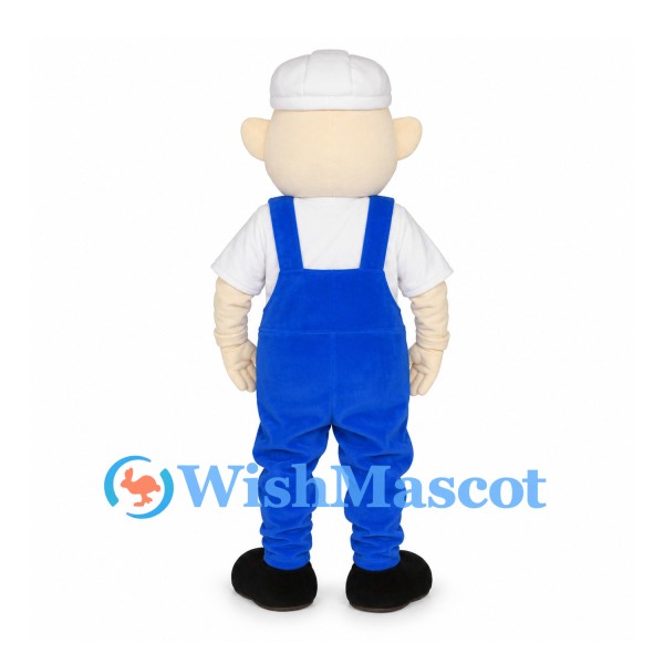 Worker Mascot Costume with White Cap and Blue Overalls