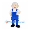 Worker Mascot Costume with White Cap and Blue Overalls