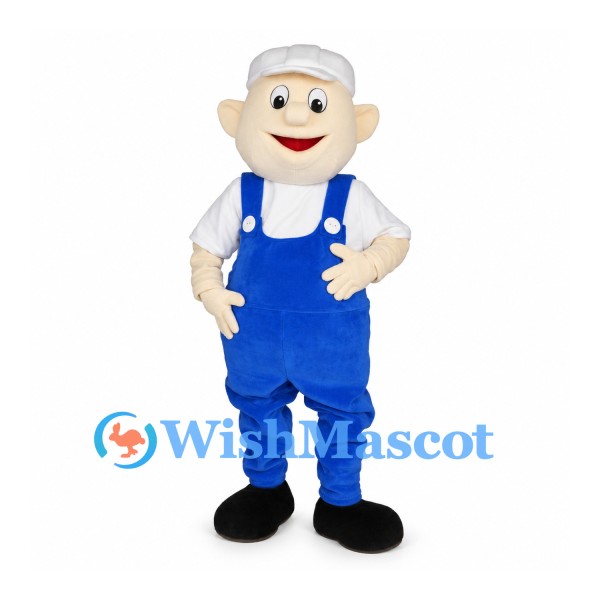 Worker Mascot Costume with White Cap and Blue Overalls