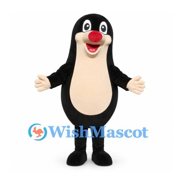 Mole Mascot Costume in Black with Cream Belly and Red Nose