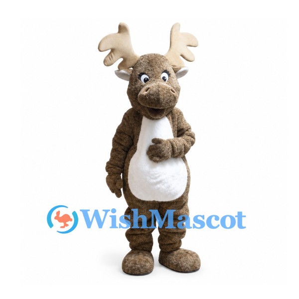 Moose Mascot Costume in Brown with Cream Belly and Wide Antlers