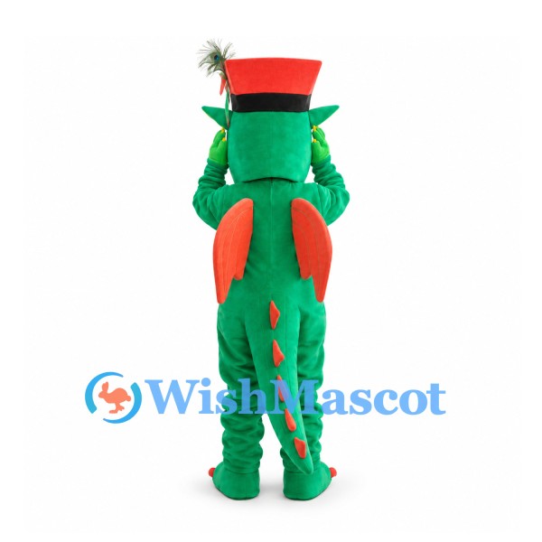 Dragon Mascot Costume in Green with Red Wings and Top Hat