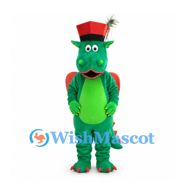 Dragon Mascot Costume in Green with Red Wings and Top Hat