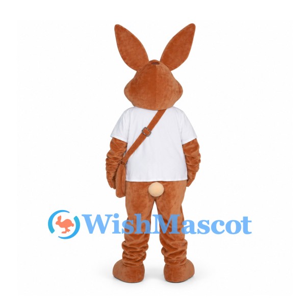 Rabbit Mascot Costume in Brown with White Shirt and Shoulder Bag