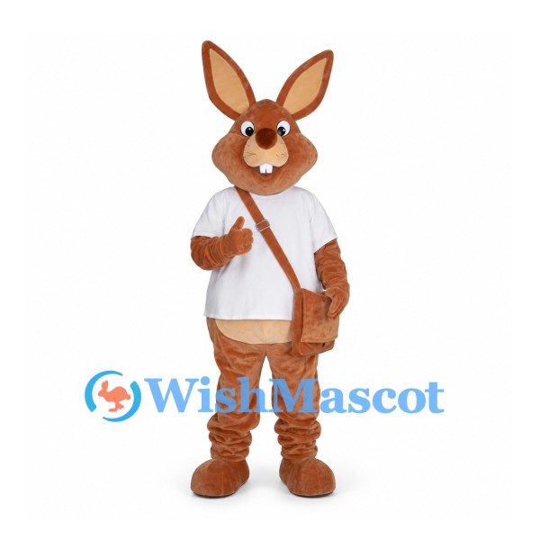 Rabbit Mascot Costume in Brown with White Shirt and Shoulder Bag