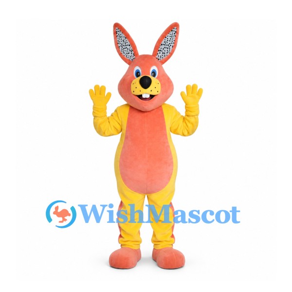 Rabbit Mascot Costume in Coral and Yellow with Patterned Ears