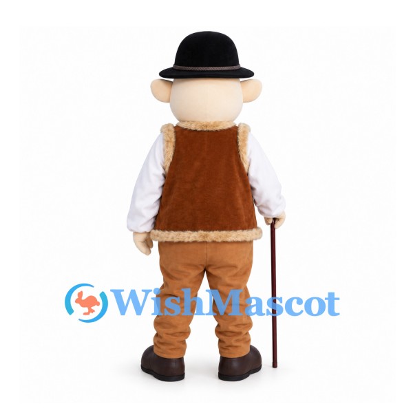 Alpine Man Mascot Costume with Black Hat and Brown Trousers