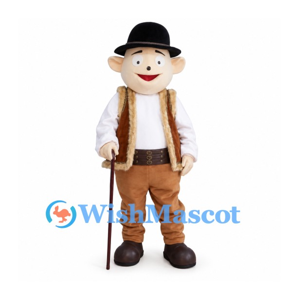 Alpine Man Mascot Costume with Black Hat and Brown Trousers