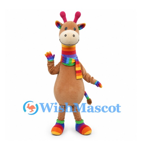 Giraffe Mascot Costume with Rainbow Scarf and Striped Feet