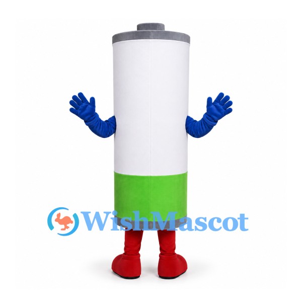 Battery Mascot Costume in White and Green with Blue Hands