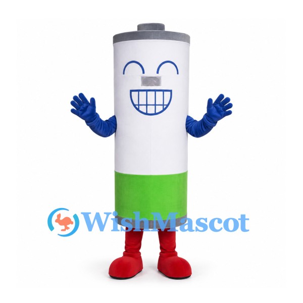 Battery Mascot Costume in White and Green with Blue Hands