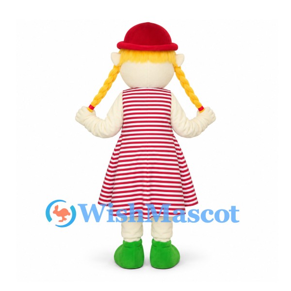 Girl Mascot Costume with Red Striped Dress and Braids
