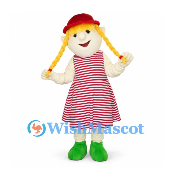 Girl Mascot Costume with Red Striped Dress and Braids