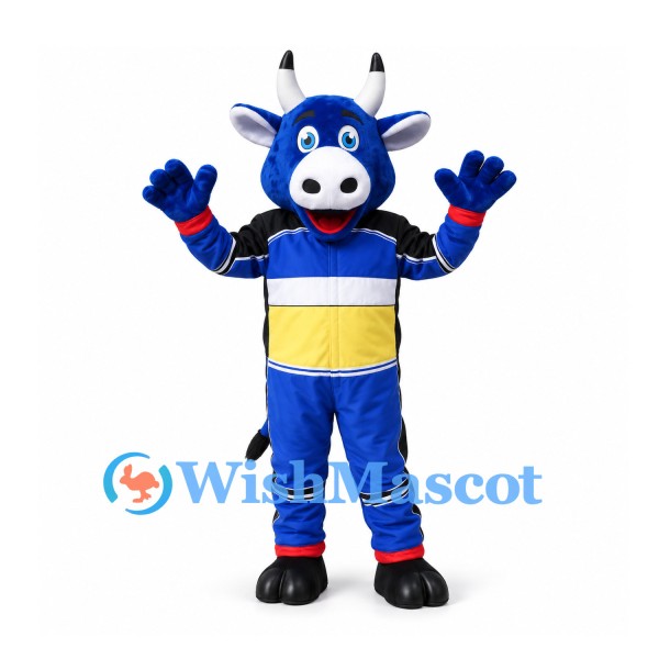 Bull Mascot Costume in Blue with Yellow and Black Sports Shirt
