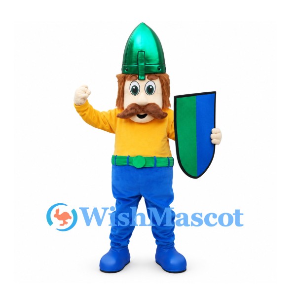 Knight Mascot Costume with Green Helmet and Shield