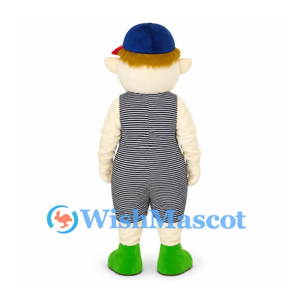 Boy Mascot Costume with Striped Overalls and Blue Cap