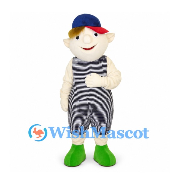 Boy Mascot Costume with Striped Overalls and Blue Cap