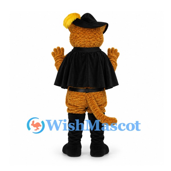 Cat Mascot Costume with Black Cape and Feathered Hat
