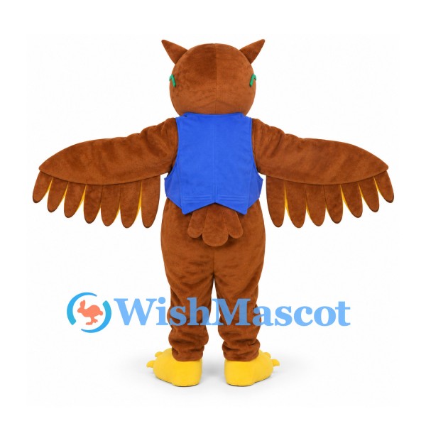 Owl Mascot Costume in Brown with Green Glasses and Blue Scarf