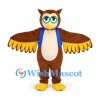 Owl Mascot Costume in Brown with Green Glasses and Blue Scarf