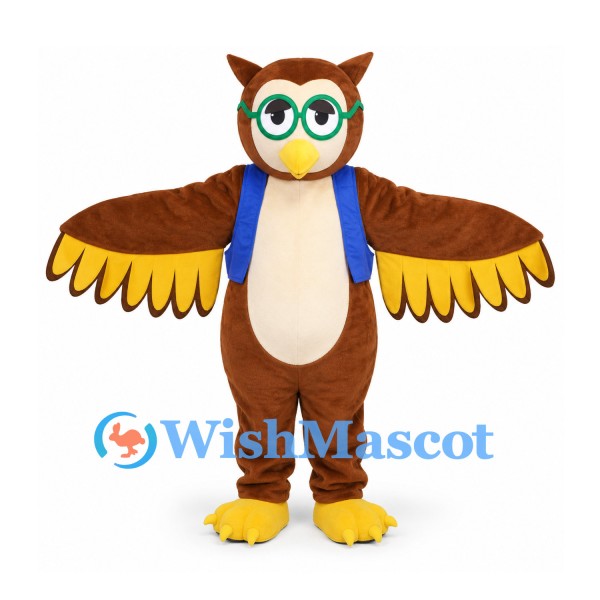 Owl Mascot Costume in Brown with Green Glasses and Blue Scarf