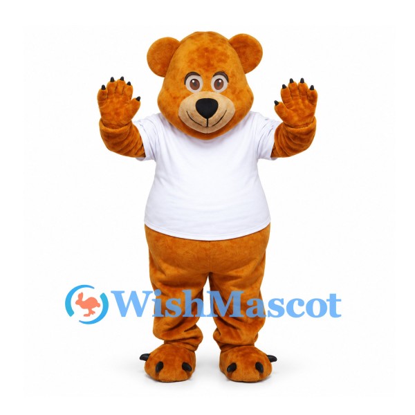 Bear Mascot Costume in Golden Brown with White T-Shirt